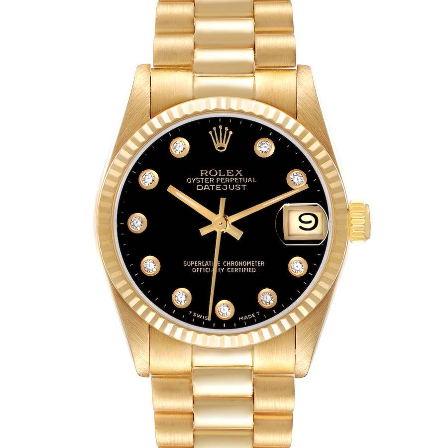 The image shows a front view of a Rolex President 68278G Women's Yellow Gold Black Dial 68278G Women's Yellow Gold Black Dial model watch, focusing on its gold band, black dial, and date window.