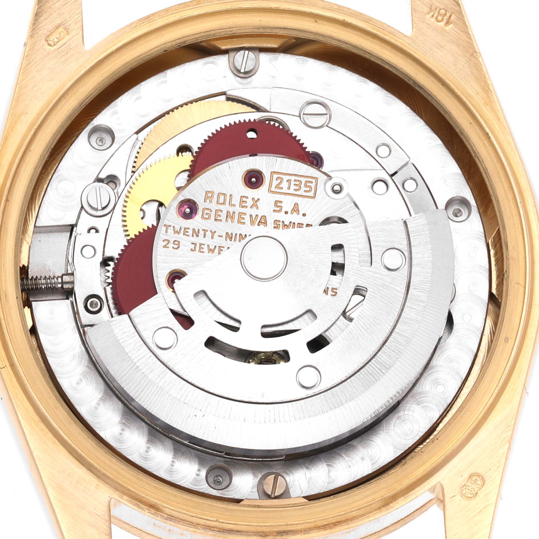 This image shows the internal mechanism of the Rolex President 68278G Women's Yellow Gold Black Dial 68278G Women's Yellow Gold Black Dial model watch from a close-up angle.