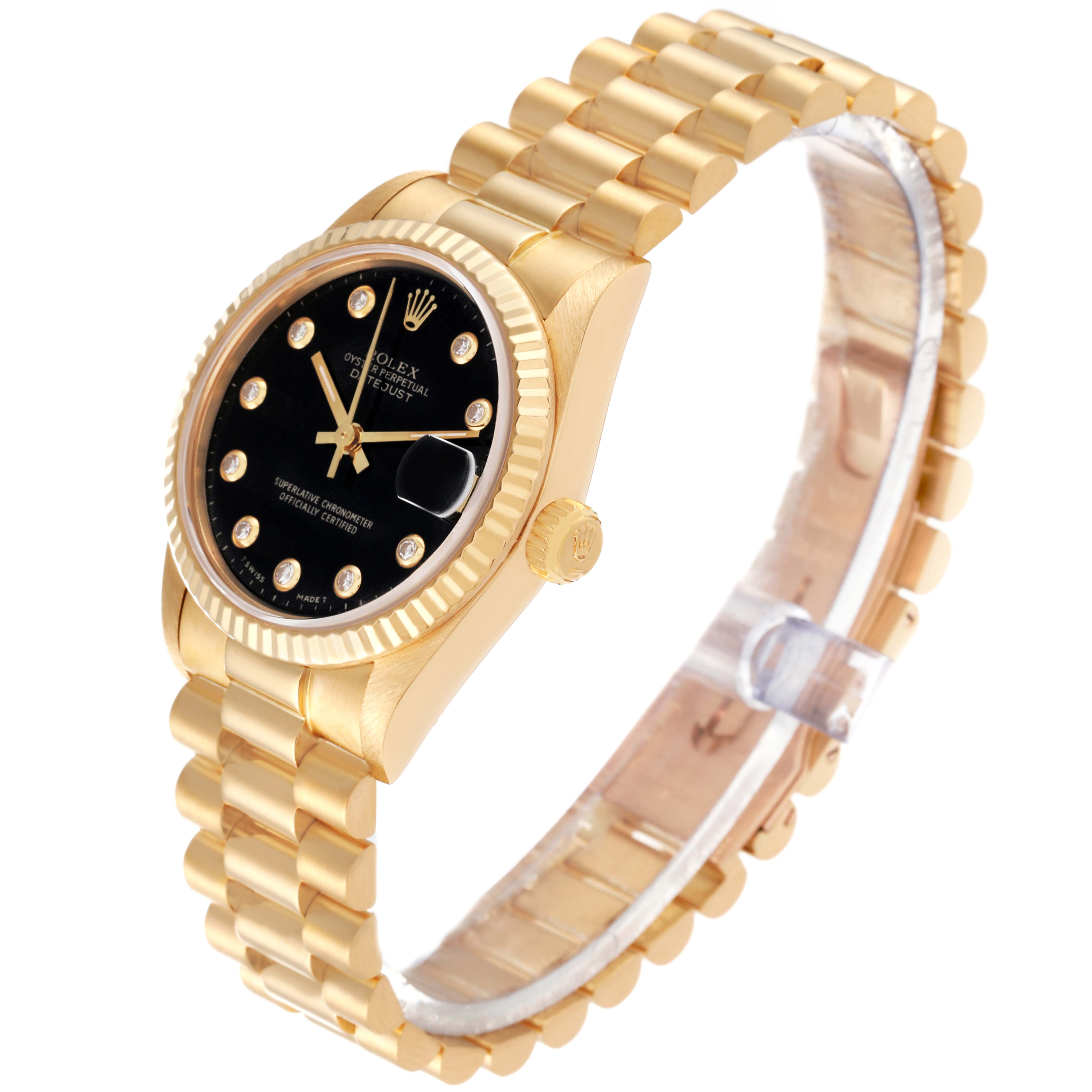 The image shows a Rolex President 68278G Women's Yellow Gold Black Dial 68278G Women's Yellow Gold Black Dial model watch at an oblique angle highlighting its gold case, bezel, and bracelet with a black dial.