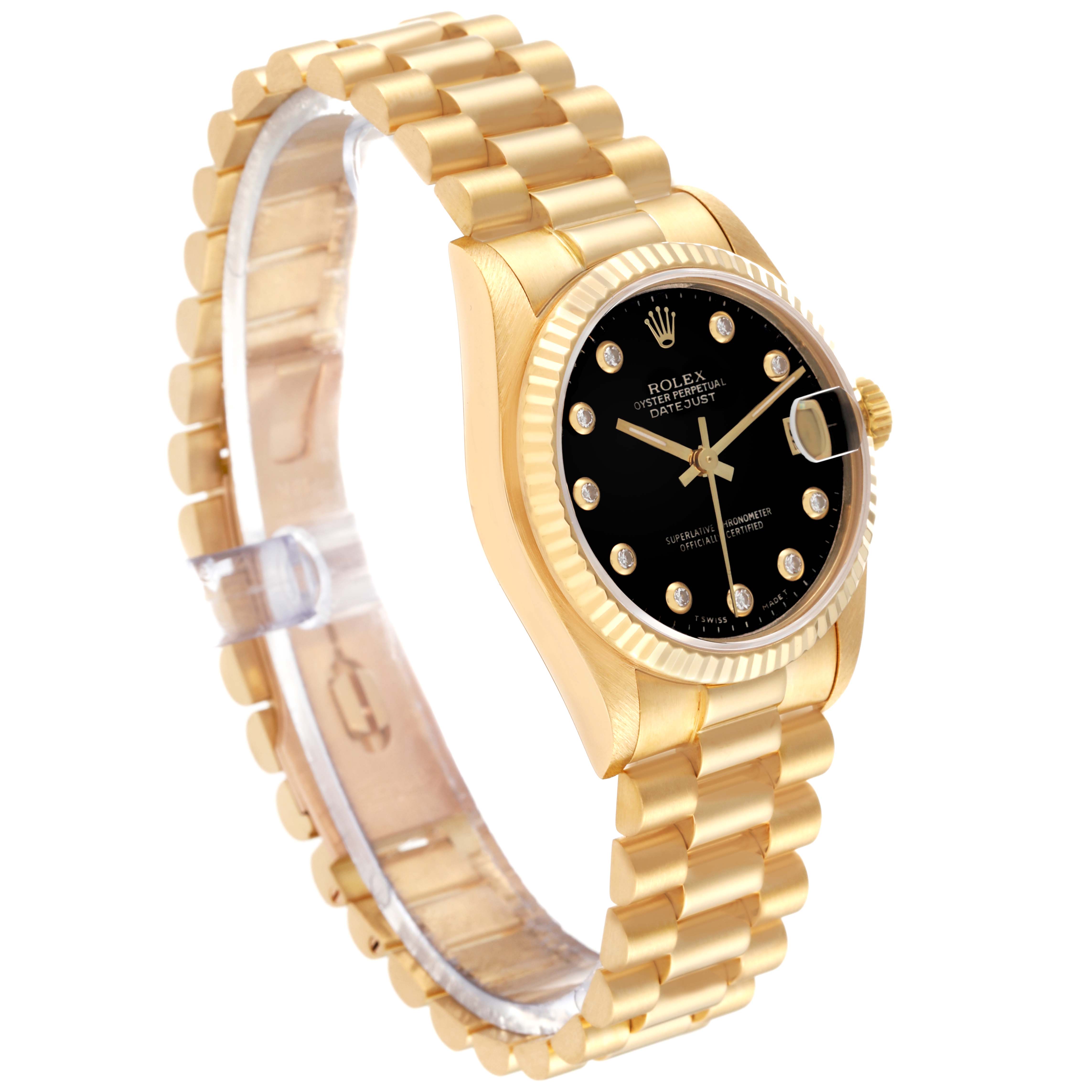 The image shows a gold Rolex President 68278G Women's Yellow Gold Black Dial 68278G Women's Yellow Gold Black Dial model watch angled from the side, highlighting the bracelet, black dial, fluted bezel, and crown.
