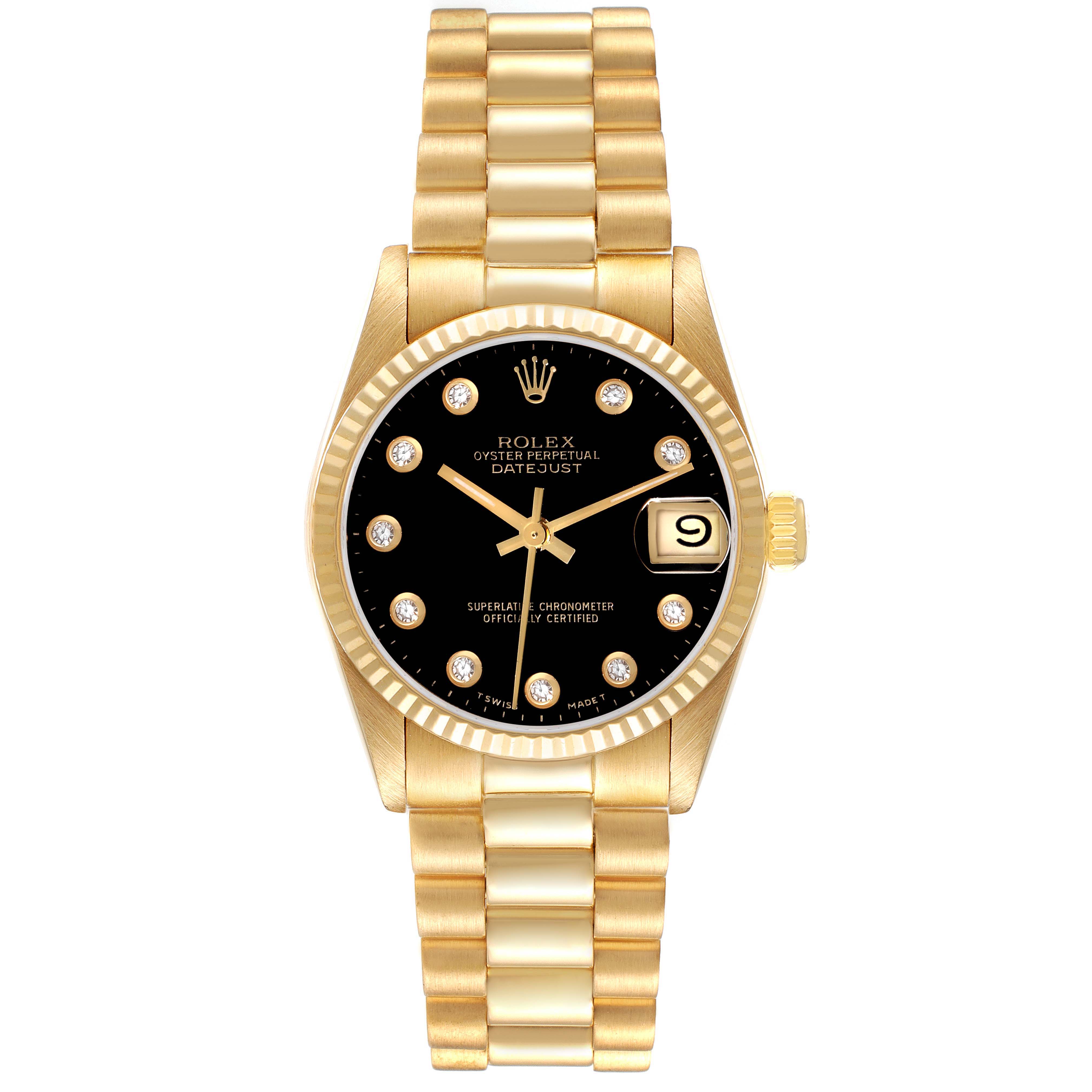 The image shows a front view of a Rolex President 68278G Women's Yellow Gold Black Dial 68278G Women's Yellow Gold Black Dial model watch, highlighting the dial, hour markers, hands, and full bracelet.