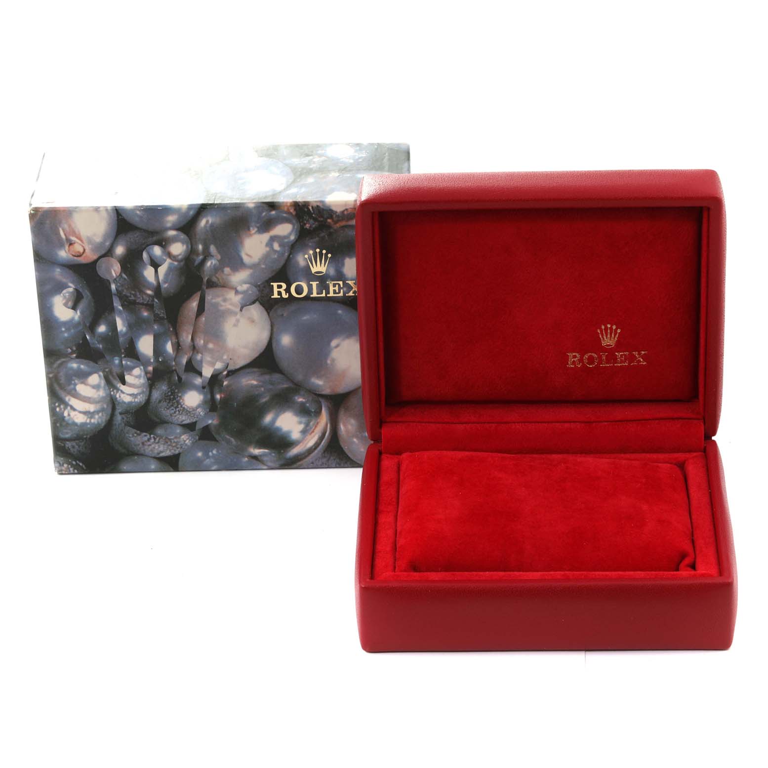 The image shows a Rolex President 68278G Women's Yellow Gold Black Dial 68278G Women's Yellow Gold Black Dial model watch box and packaging viewed from the front.