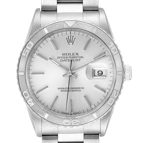 The image shows a front view of a Rolex Turn-o-Graph 16264 Men's Stainless Steel Silver Dial 16264 Men's Stainless Steel Silver Dial watch, highlighting the dial, hands, bezel, and bracelet.