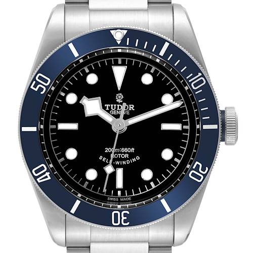The image shows a front view of the Tudor Heritage Black Bay 79220B Men's Stainless Steel Black Dial 79220B Men's Stainless Steel Black Dial watch, highlighting the dial, bezel, and part of the bracelet.