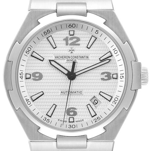 The image shows a close-up, front view of the dial and bezel of a Vacheron Constantin Overseas 47040 Men's Stainless Steel Silver Dial 47040 Men's Stainless Steel Silver Dial watch.