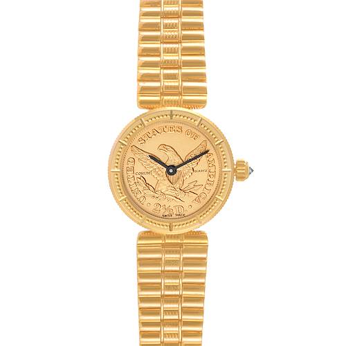 The image shows a front view of the Corum 1852 Women's Yellow Gold Champagne Dial 1852 Women's Yellow Gold Champagne Dial 2.5 Dollars Eagle Liberty Coin Yellow Gold Ladies Watch 1852 model.