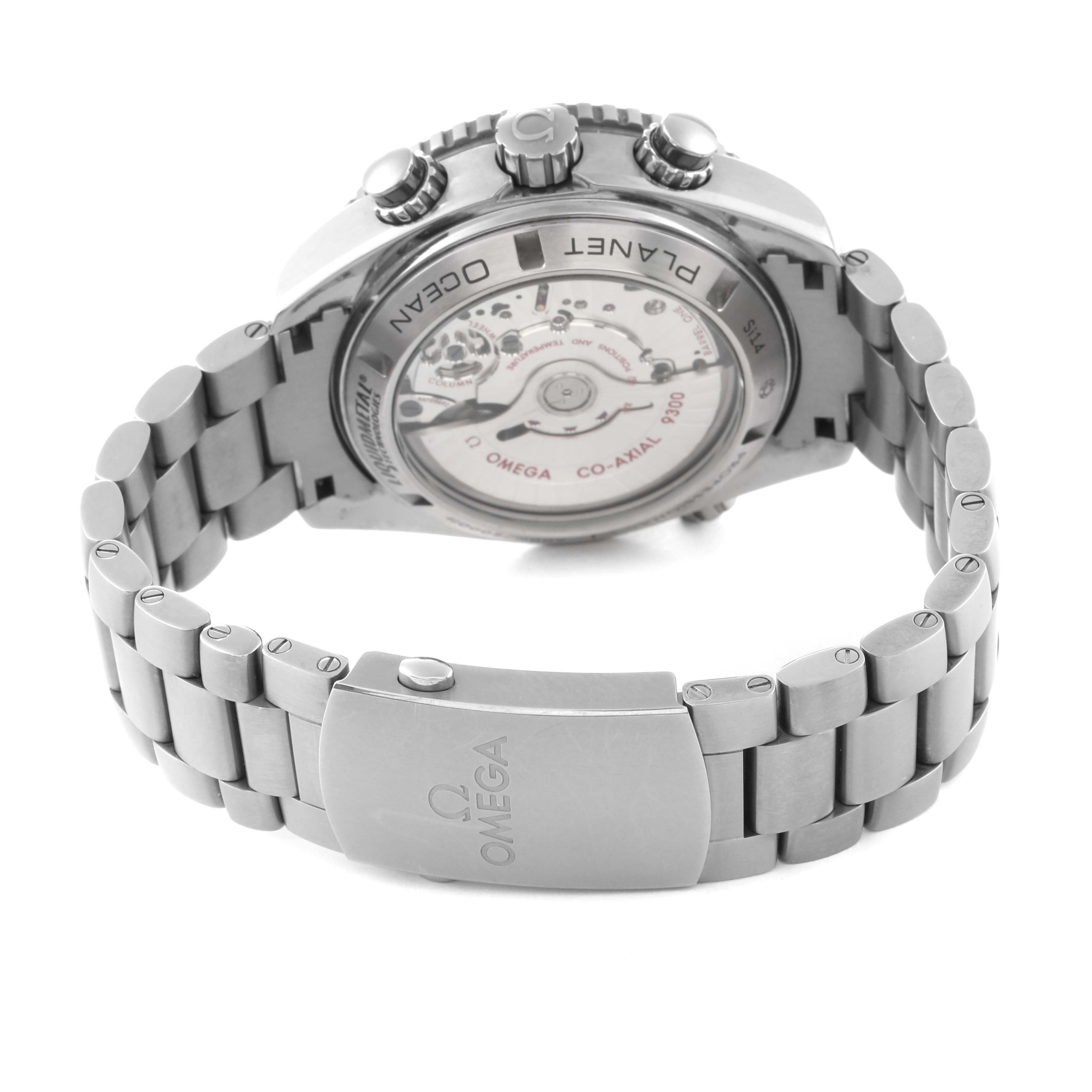 The image shows the back view of the Omega Planet Ocean 232.90.46.51.03.001 Men's Titanium Blue Dial 232.90.46.51.03.001 Men's Titanium Blue Dial model, highlighting the stainless steel bracelet and the transparent case back.