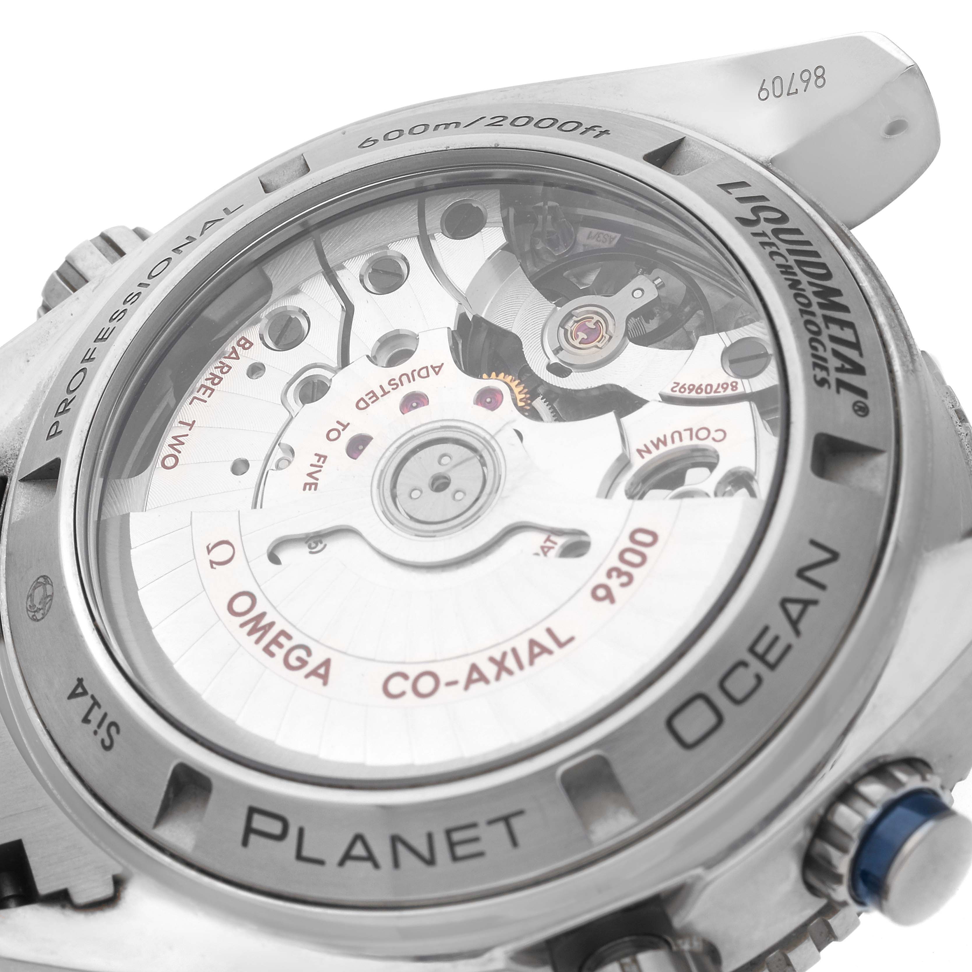 The image shows the backside of an Omega Planet Ocean 232.90.46.51.03.001 Men's Titanium Blue Dial 232.90.46.51.03.001 Men's Titanium Blue Dial watch, highlighting the transparent case back and internal mechanics.