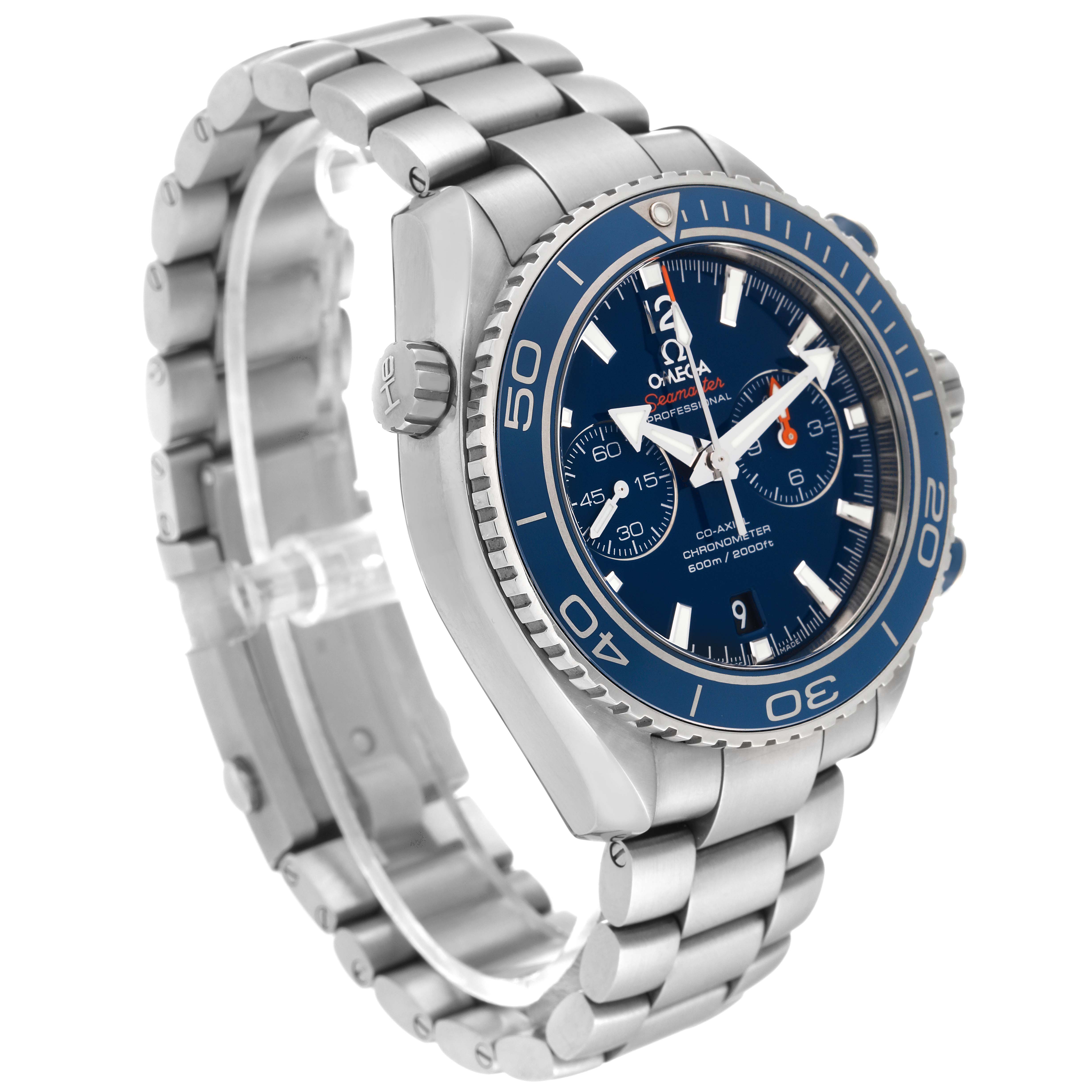 The image shows an Omega Planet Ocean 232.90.46.51.03.001 Men's Titanium Blue Dial 232.90.46.51.03.001 Men's Titanium Blue Dial watch from a three-quarter angle, displaying the face, bezel, case, crown, and bracelet.