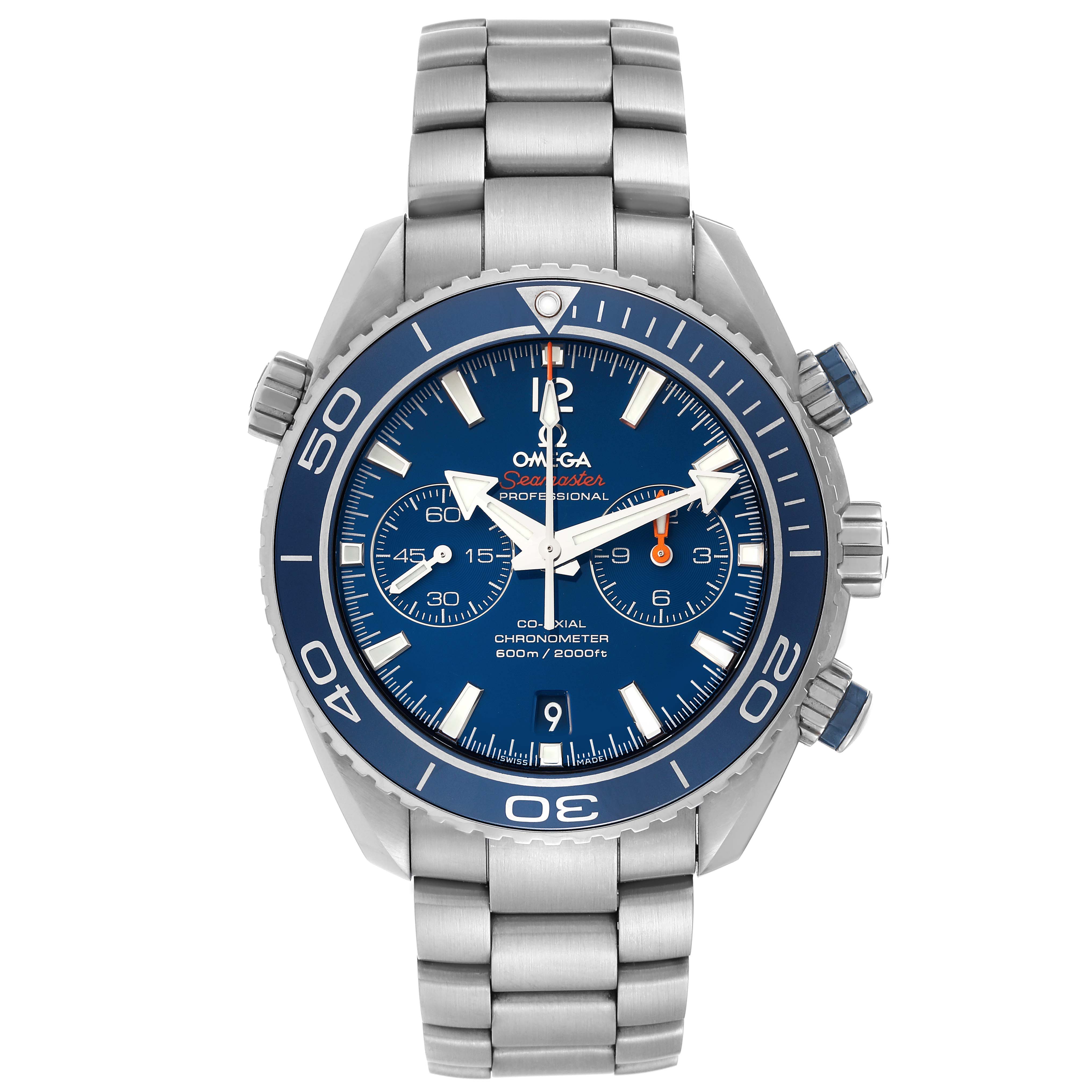 The image shows a front view of the Omega Planet Ocean 232.90.46.51.03.001 Men's Titanium Blue Dial 232.90.46.51.03.001 Men's Titanium Blue Dial watch, displaying its dial, bezel, crown, and bracelet.