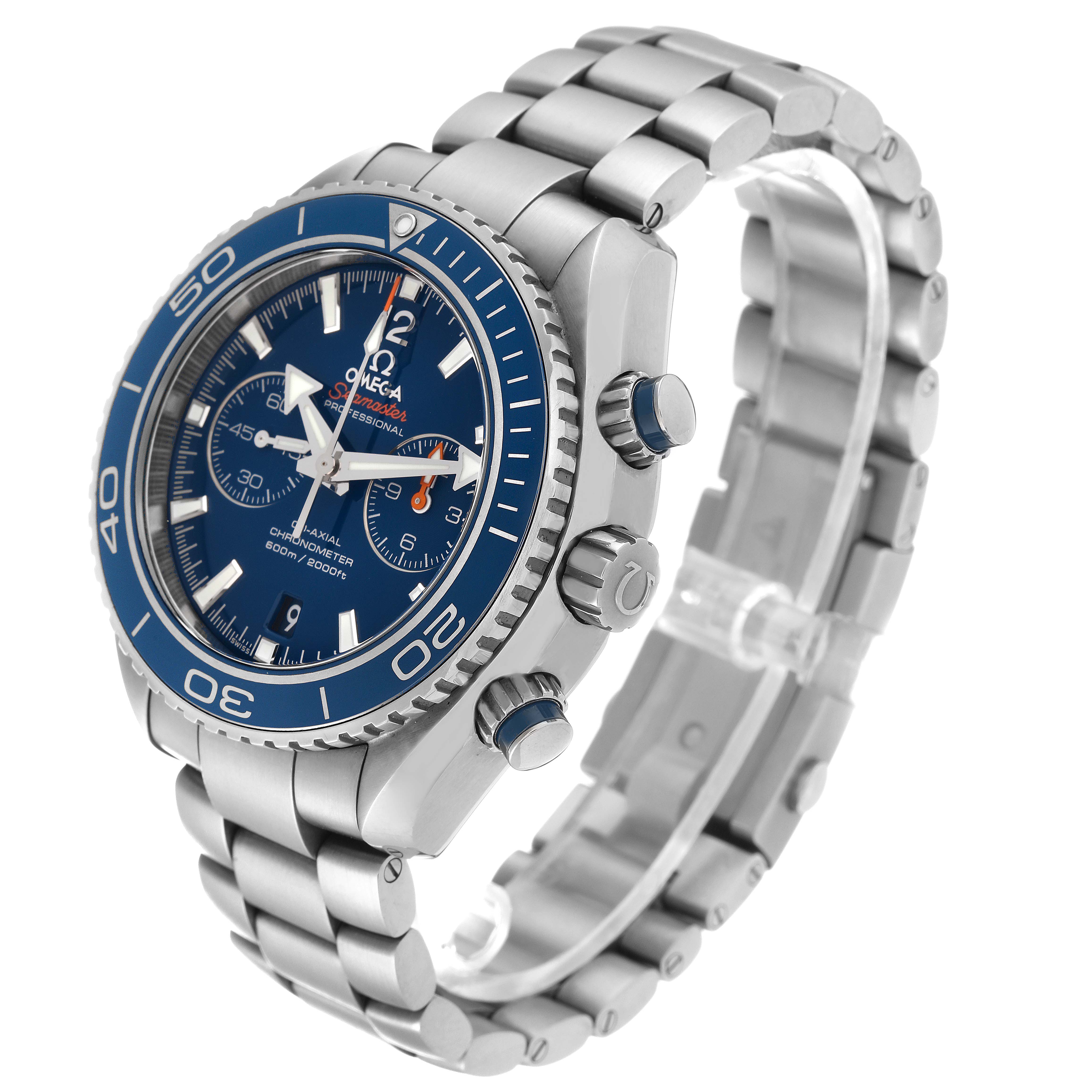 The image shows a side and frontal angle of the Omega Planet Ocean 232.90.46.51.03.001 Men's Titanium Blue Dial 232.90.46.51.03.001 Men's Titanium Blue Dial watch, highlighting the bezel, crown, and bracelet.