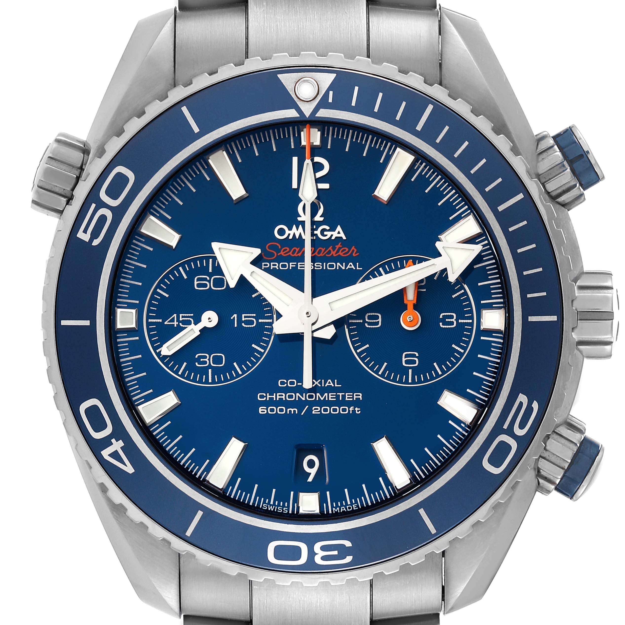 The image shows a front view of the Omega Planet Ocean 232.90.46.51.03.001 Men's Titanium Blue Dial 232.90.46.51.03.001 Men's Titanium Blue Dial Seamaster watch, highlighting its dial, crown, and bezel.