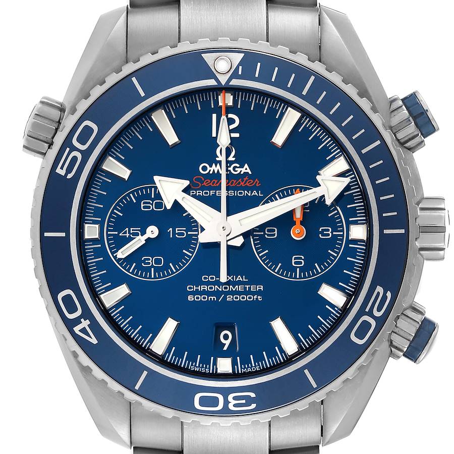 The image shows a front view of the Omega Planet Ocean 232.90.46.51.03.001 Men's Titanium Blue Dial 232.90.46.51.03.001 Men's Titanium Blue Dial Seamaster watch, highlighting its dial, crown, and bezel.