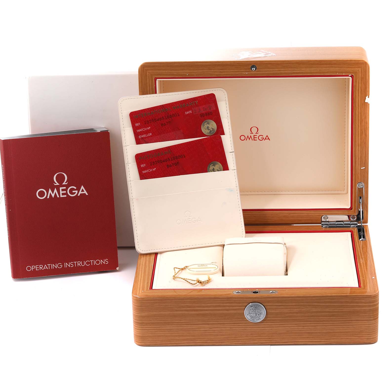 The image shows an Omega Planet Ocean 232.90.46.51.03.001 Men's Titanium Blue Dial 232.90.46.51.03.001 Men's Titanium Blue Dial watch set with the watch box open, operating instructions, and warranty cards.