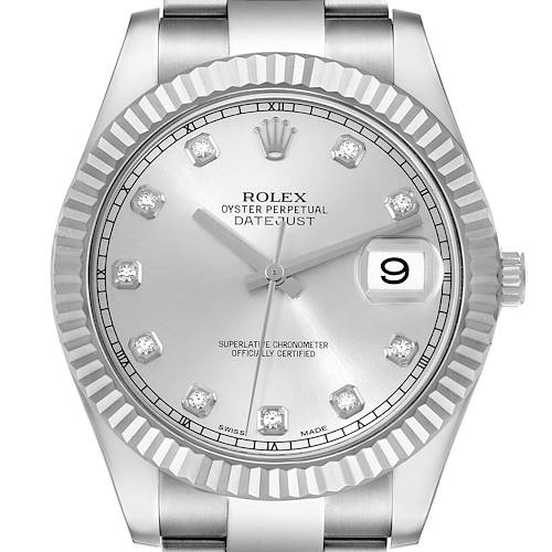 This image shows a front view of a Rolex Datejust 116334 Men's Stainless Steel Silver Dial 116334 Men's Stainless Steel Silver Dial watch, highlighting its silver dial, date display, and fluted bezel.