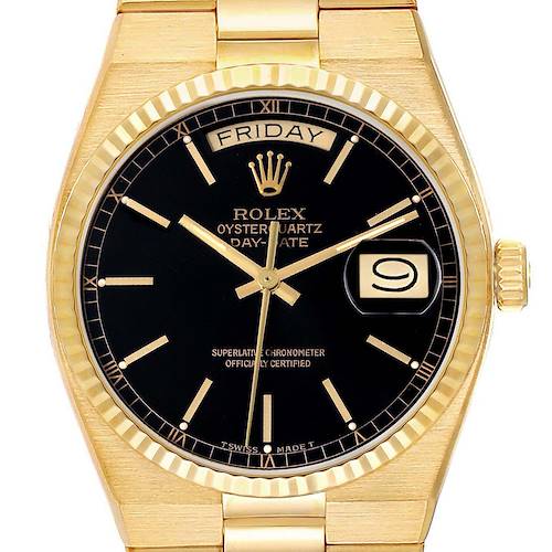 The image shows a frontal view of a Rolex Oysterquartz 19018 Men's Yellow Gold Black Dial 19018 Men's Yellow Gold Black Dial watch, highlighting its black dial, day-date display, and gold case.