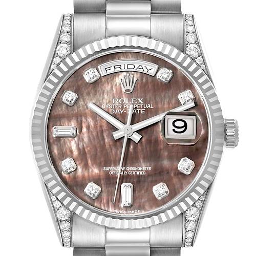 This image shows the front view of a Rolex President 118339 Men's White Gold Mother of Pearl Dial 118339 Men's White Gold Mother of Pearl Dial model watch, highlighting the dial, hands, date, and bezel.