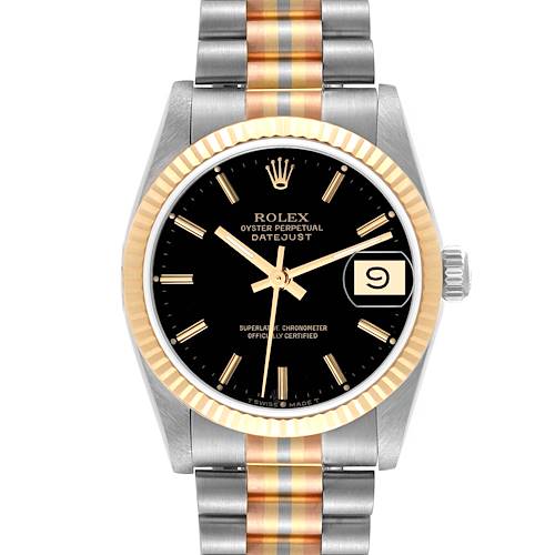 The image shows a front view of the Rolex President 68279 Women's White Gold Black Dial 68279 Women's White Gold Black Dial watch, highlighting its black dial, gold fluted bezel, and two-tone bracelet.