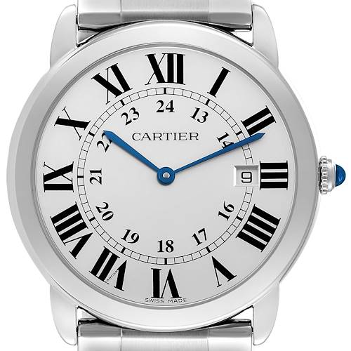 This is a close-up of the Cartier Ronde W6701005 Men's Stainless Steel Silver Dial W6701005 Men's Stainless Steel Silver Dial watch face showing Roman numerals, blue hands, and a date window.