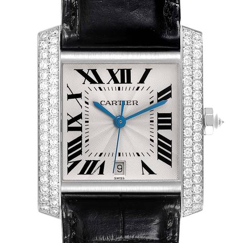 The Cartier Tank Francaise WE1003S3 Men's White Gold Silver Dial WE1003S3 Men's White Gold Silver Dial is shown from the front, highlighting its Roman numerals, blue hands, diamond bezel, and leather strap.