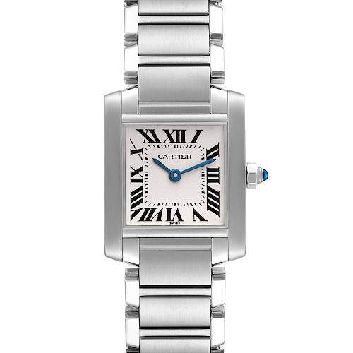 This image shows a Cartier Tank Francaise W51008Q3 Women's Stainless Steel Silver Dial W51008Q3 Women's Stainless Steel Silver Dial watch from a front angle, highlighting its rectangular face, Roman numerals, and metal bracelet.