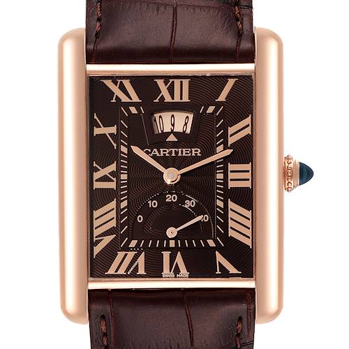 The image shows a frontal view of a Cartier Tank Louis W1560002 Men's Rose Gold Brown Dial W1560002 Men's Rose Gold Brown Dial watch, highlighting its rectangular dial and leather strap.