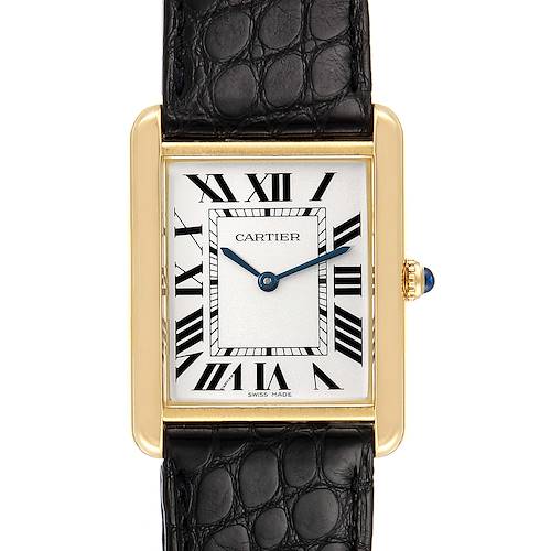 The image shows a frontal view of a Cartier Tank Solo W1018855 Men's Yellow Gold Silver Dial W1018855 Men's Yellow Gold Silver Dial watch with a gold case, Roman numeral dial, and black leather strap.