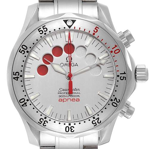This Omega Seamaster 2595.30.00 Men's Stainless Steel Silver Dial 2595.30.00 Men's Stainless Steel Silver Dial Apnea watch is shown in a frontal angle, highlighting its dial, bezel, and crown.