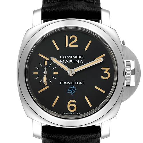 The Luminor model by Panerai is shown from a front angle, displaying the dial, crown guard, and side fastener.