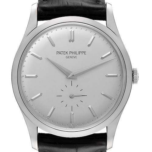The image shows a front view of a Patek Philippe Calatrava 5196G Men's White Gold Silver Dial 5196G Men's White Gold Silver Dial watch, displaying its dial, hands, and part of the strap.