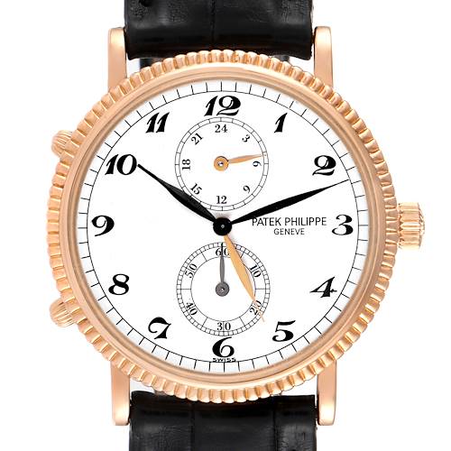 The image shows a front view of the Patek Philippe Calatrava 5034R Men's Rose Gold White Dial 5034R Men's Rose Gold White Dial watch, featuring its face, hands, and black strap.
