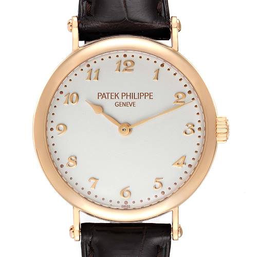 This image shows a front view of the Patek Philippe Calatrava 7200R Men's Rose Gold Silver Dial 7200R Men's Rose Gold Silver Dial watch, highlighting the dial, hands, crown, and part of the leather strap.