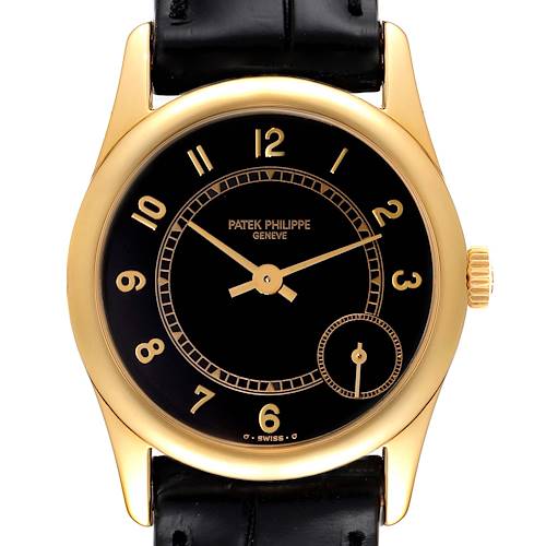 The image shows a front view of a Patek Philippe Calatrava 5000J Women's Yellow Gold Black Dial 5000J Women's Yellow Gold Black Dial watch with a gold case, black dial, and leather strap.