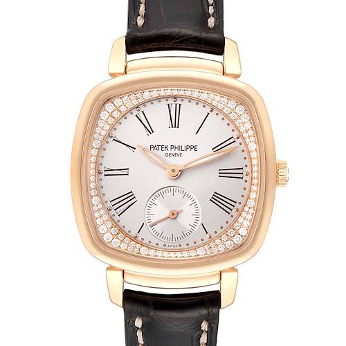 The Patek Philippe Gondolo 7041R-001 Women's Rose Gold Silver Dial 7041R-001 Women's Rose Gold Silver Dial watch is shown from a top-down angle, highlighting its face, bezel, and part of the strap.