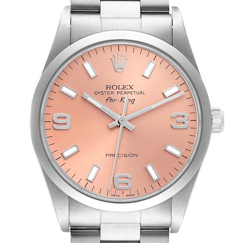 The Rolex Air-King 14000 Men's Stainless Steel Pink Dial 14000 Men's Stainless Steel Pink Dial watch is shown from the front, displaying the dial, watch hands, and bracelet.