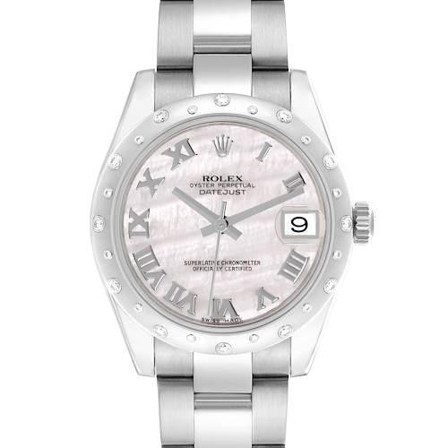 The Rolex Mid-Size 178344 Women's Stainless Steel Mother of Pearl Dial 178344 Women's Stainless Steel Mother of Pearl Dial Datejust watch is shown from a front angle, highlighting the dial, bezel, and part of the bracelet.