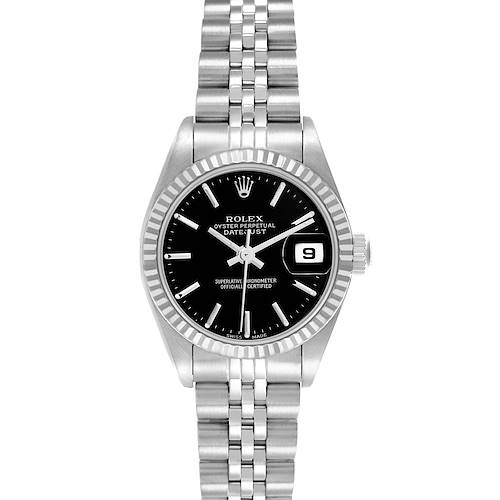 The image shows a front view of a Rolex Datejust 79174 Women's Stainless Steel Black Dial 79174 Women's Stainless Steel Black Dial watch, displaying the face, bezel, and bracelet.
