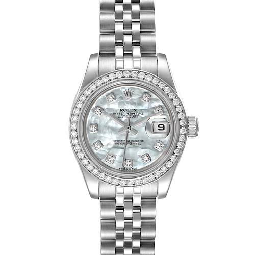 The image shows a front view of a Rolex Datejust 179384 Women's Stainless Steel Mother of Pearl Dial 179384 Women's Stainless Steel Mother of Pearl Dial watch, displaying its face, bezel, and bracelet.