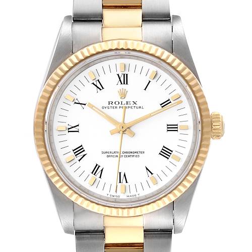 The image shows a front view of a Rolex Oyster Perpetual 14233 Men's Steel and Gold (two tone) White Dial 14233 Men's Steel and Gold (two tone) White Dial watch, highlighting the dial, bezel, and part of the bracelet.