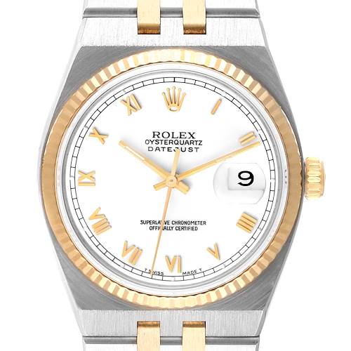 This image shows a front view of a Rolex Oysterquartz 17013 Men's Steel and Gold (two tone) White Dial 17013 Men's Steel and Gold (two tone) White Dial watch, highlighting its dial, hands, bezel, and part of its bracelet.