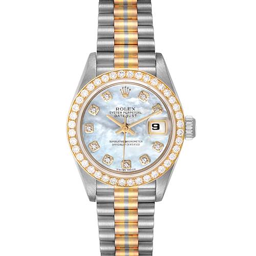 This is a front view of the Rolex President 69139 Women's White Gold Mother of Pearl Dial 69139 Women's White Gold Mother of Pearl Dial model watch, displaying the face, bezel, and part of the bracelet.