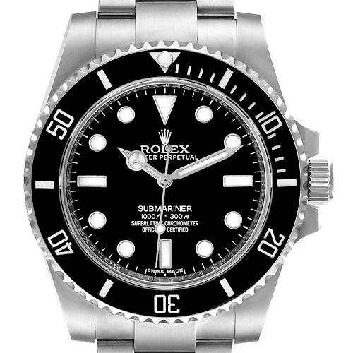 The image shows a front view of a Rolex Submariner 114060 Men's Stainless Steel Black Dial 114060 Men's Stainless Steel Black Dial watch with its bezel, dial, hands, and crown visible.