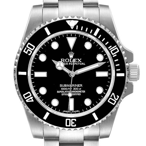 The image shows the front view of the Rolex Submariner 114060 Men's Stainless Steel Black Dial 114060 Men's Stainless Steel Black Dial, highlighting its dial, bezel, hands, and part of the bracelet.