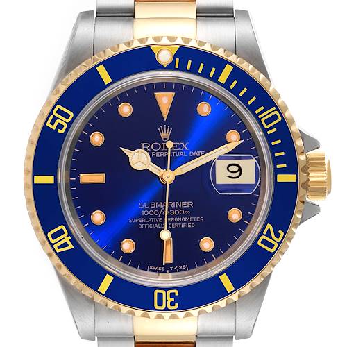 A front view of the Rolex Submariner 16613 Men's Steel and Gold (two tone) Blue Dial 16613 Men's Steel and Gold (two tone) Blue Dial watch showing the blue dial, date window, bezel, and part of the bracelet.