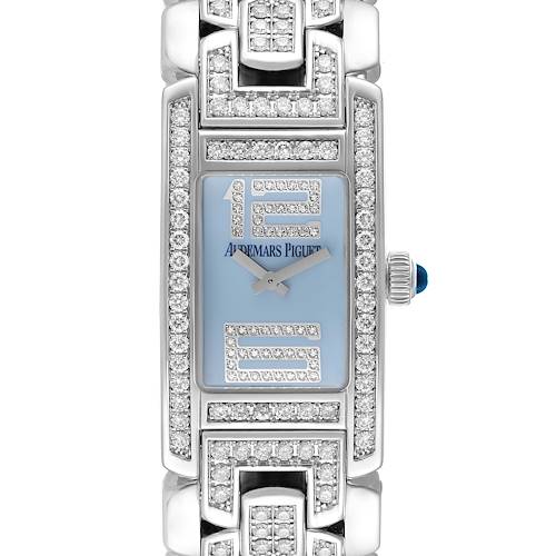 This image shows a close-up, front view of a rectangular, diamond-encrusted Audemars Piguet Vintage 67346BC.Z.1171BC.04 Women's White Gold Blue Dial 67346BC.Z.1171BC.04 Women's White Gold Blue Dial watch.