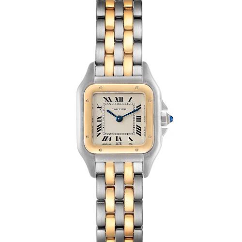 This image shows a front view of a Panthere model watch by Cartier, detailing its two-tone bracelet and square face.