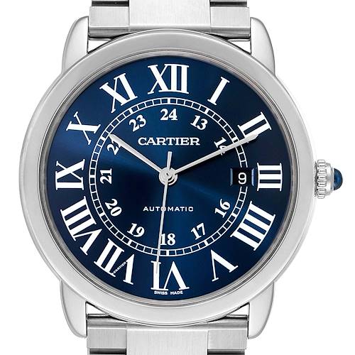 This image shows a close-up of the Cartier Ronde WSRN0023 Men's Stainless Steel Blue Dial WSRN0023 Men's Stainless Steel Blue Dial watch displaying its blue dial and silver bracelet.