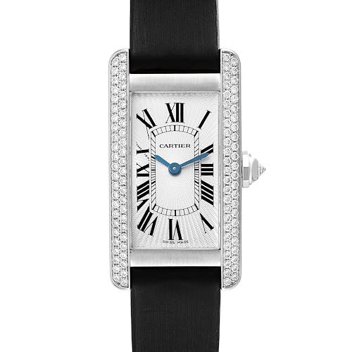 The image shows a Tank Americaine model by Cartier from a front angle, highlighting its rectangular face, Roman numerals, and diamond-studded bezel.