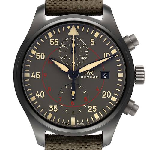The image shows a front view of the IWC Pilot IW389002 Men's Ceramic Black Dial IW389002 Men's Ceramic Black Dial model watch, highlighting its dial, hands, sub-dials, and textured strap.