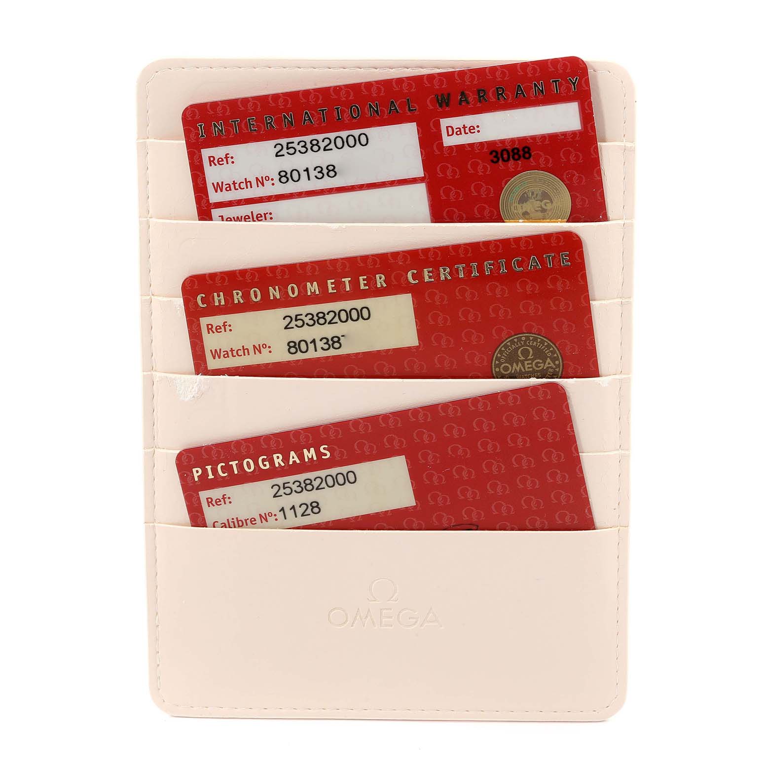 The image shows three certification cards and a white cardholder for an Omega Seamaster 2538.20.00 Men's Stainless Steel White Dial 2538.20.00 Men's Stainless Steel White Dial watch, including warranty, chronometer, and pictograms.